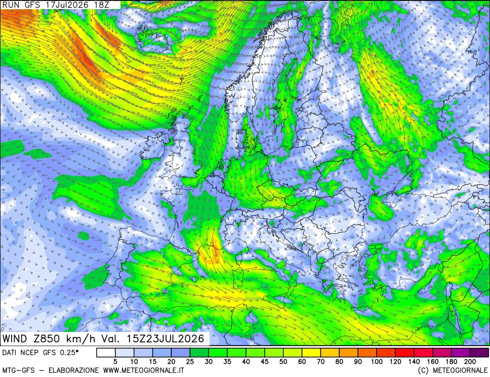 mappa 850 hPa Vento forza e direzione
