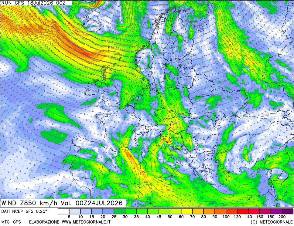 mappa 850 hPa Vento forza e direzione