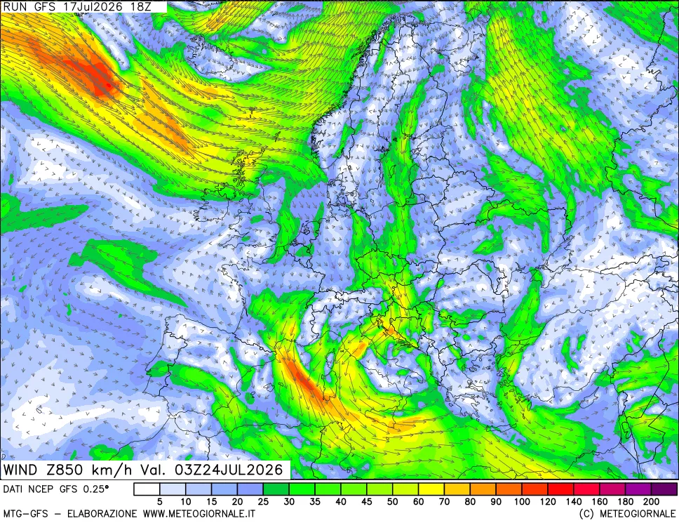 mappa 850 hPa Vento forza e direzione