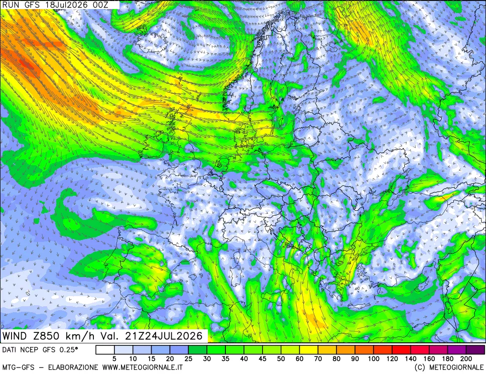 mappa 850 hPa Vento forza e direzione
