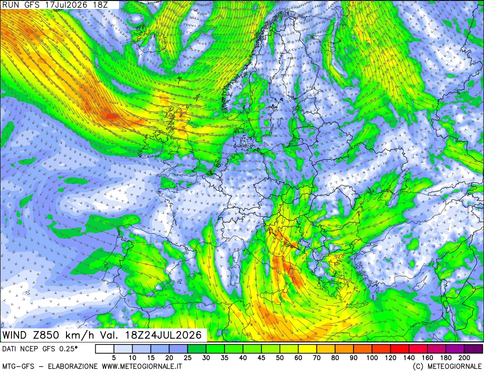 mappa 850 hPa Vento forza e direzione