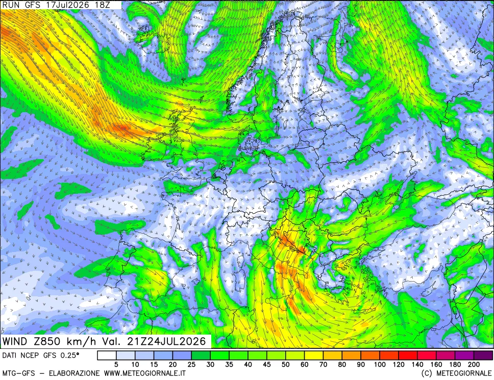 mappa 850 hPa Vento forza e direzione