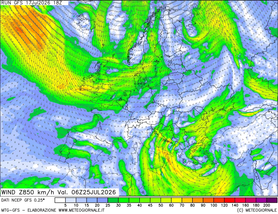 mappa 850 hPa Vento forza e direzione