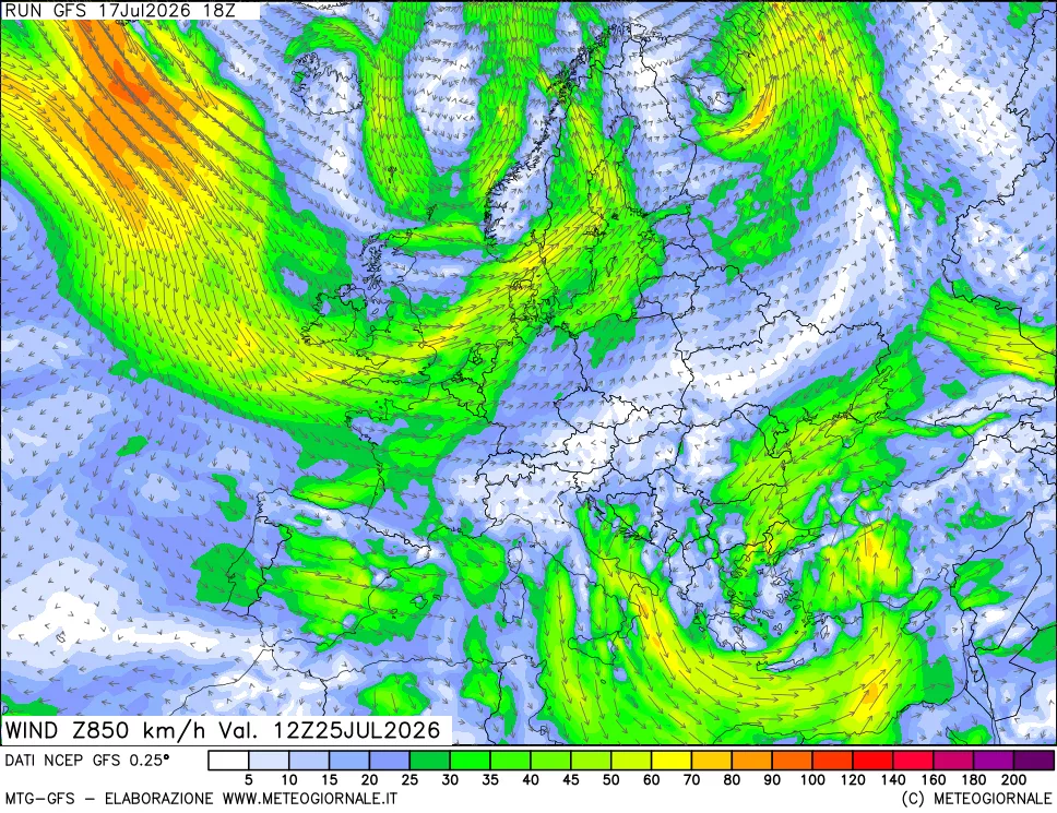 mappa 850 hPa Vento forza e direzione