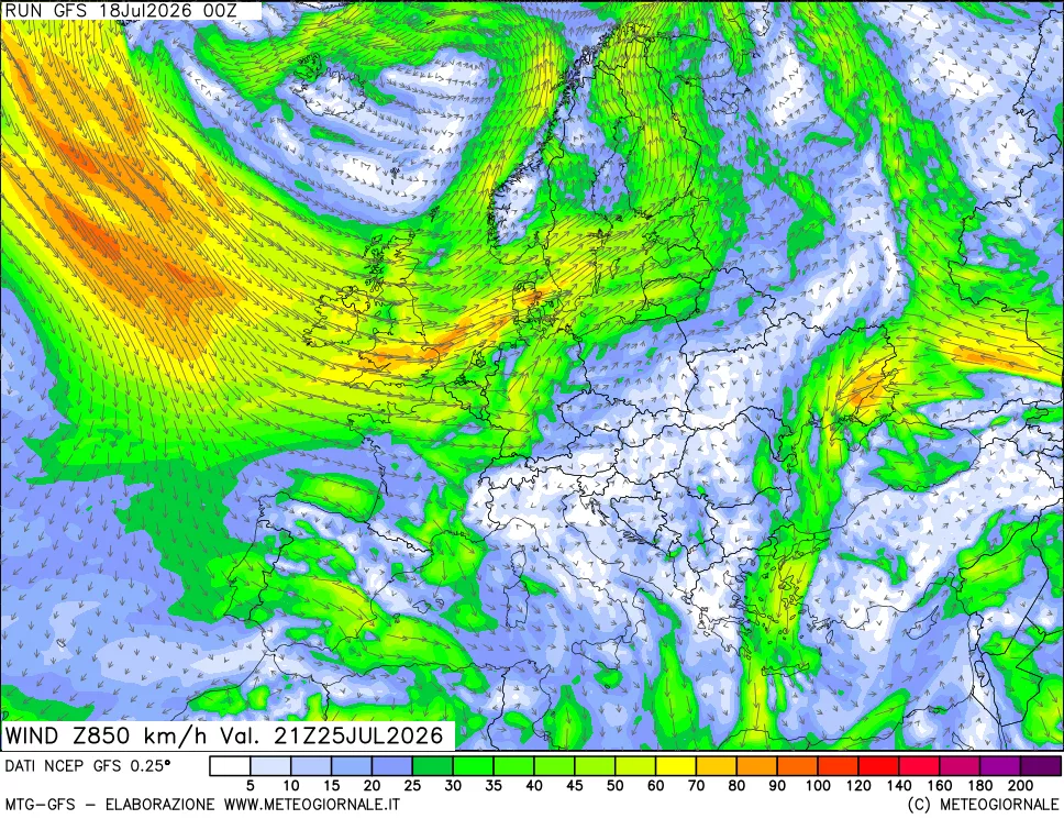 mappa 850 hPa Vento forza e direzione