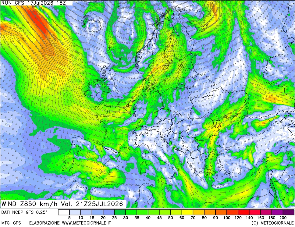 mappa 850 hPa Vento forza e direzione