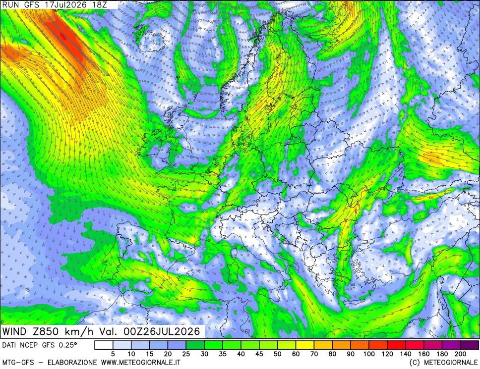 mappa 850 hPa Vento forza e direzione