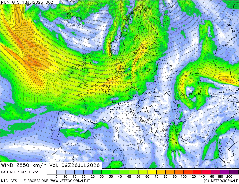 mappa 850 hPa Vento forza e direzione