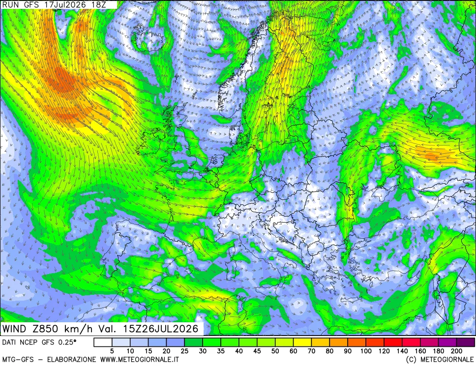 mappa 850 hPa Vento forza e direzione