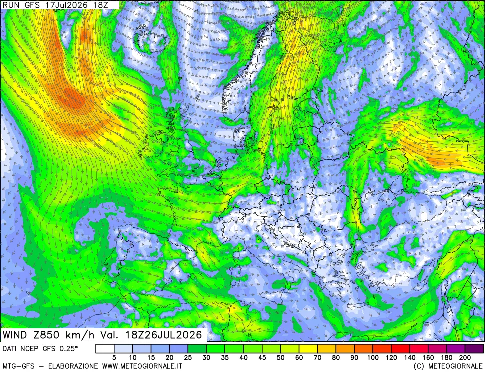mappa 850 hPa Vento forza e direzione