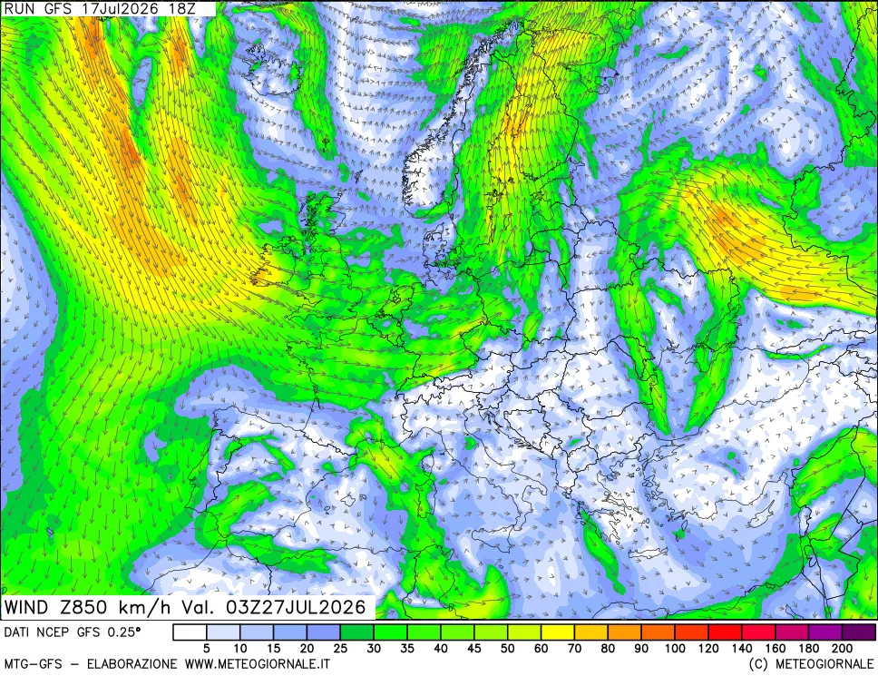 mappa 850 hPa Vento forza e direzione