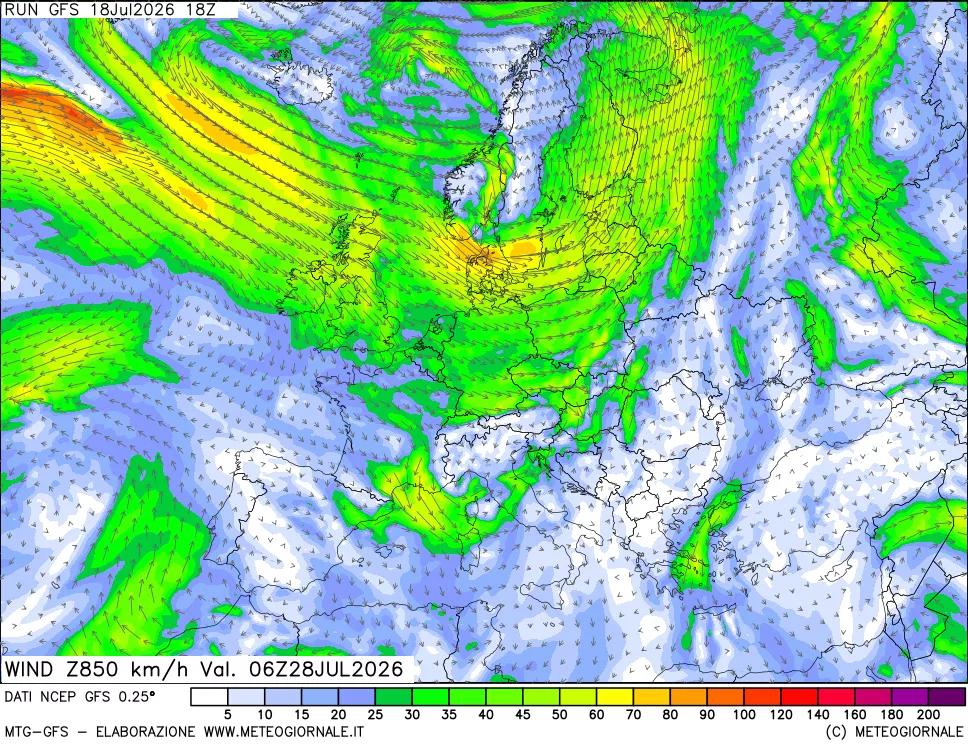 mappa 850 hPa Vento forza e direzione