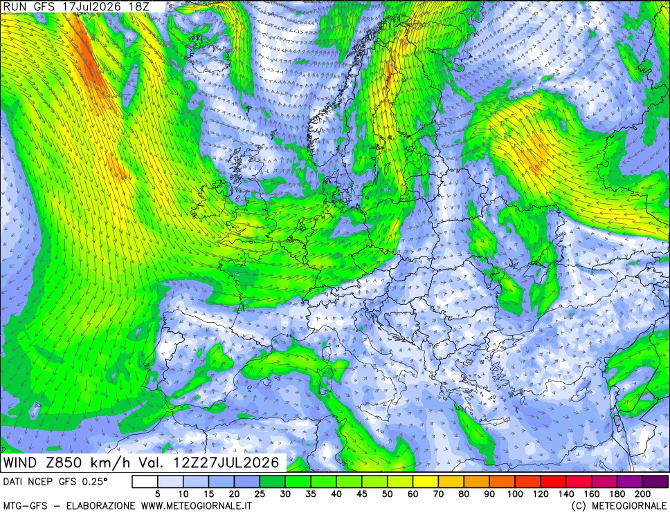 mappa 850 hPa Vento forza e direzione