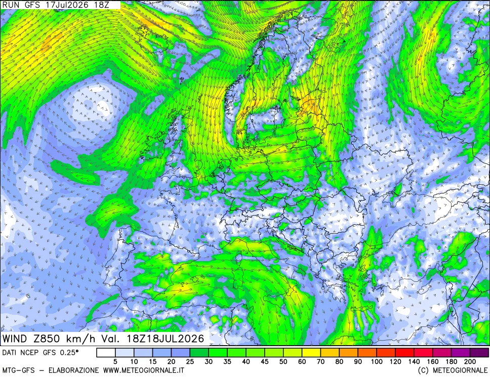 mappa 850 hPa Vento forza e direzione