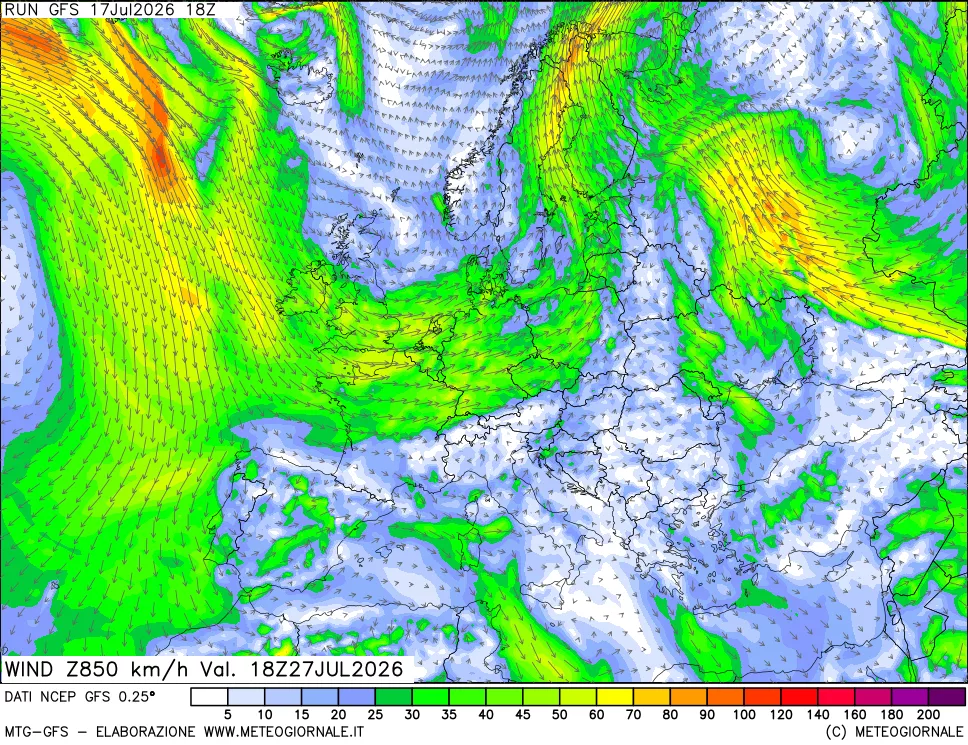 mappa 850 hPa Vento forza e direzione