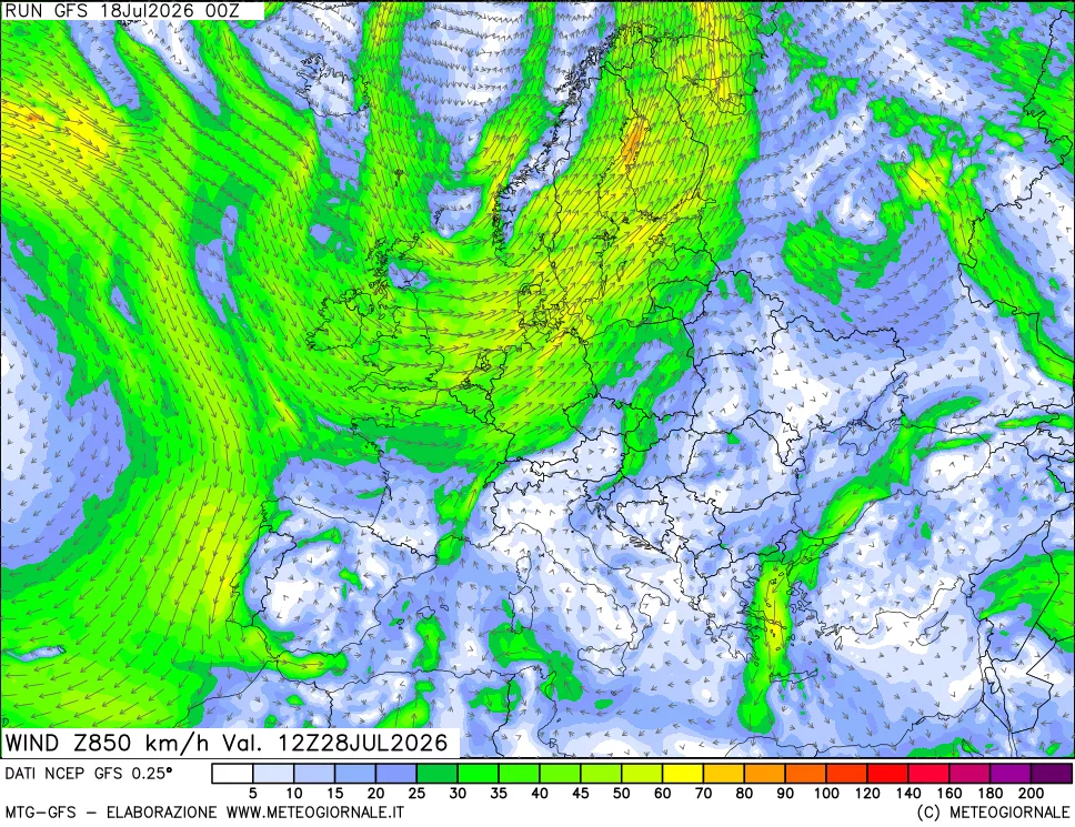 mappa 850 hPa Vento forza e direzione