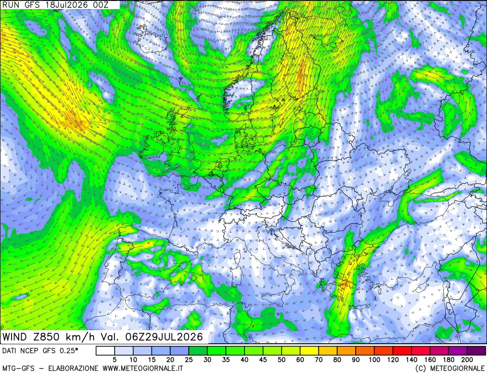 mappa 850 hPa Vento forza e direzione
