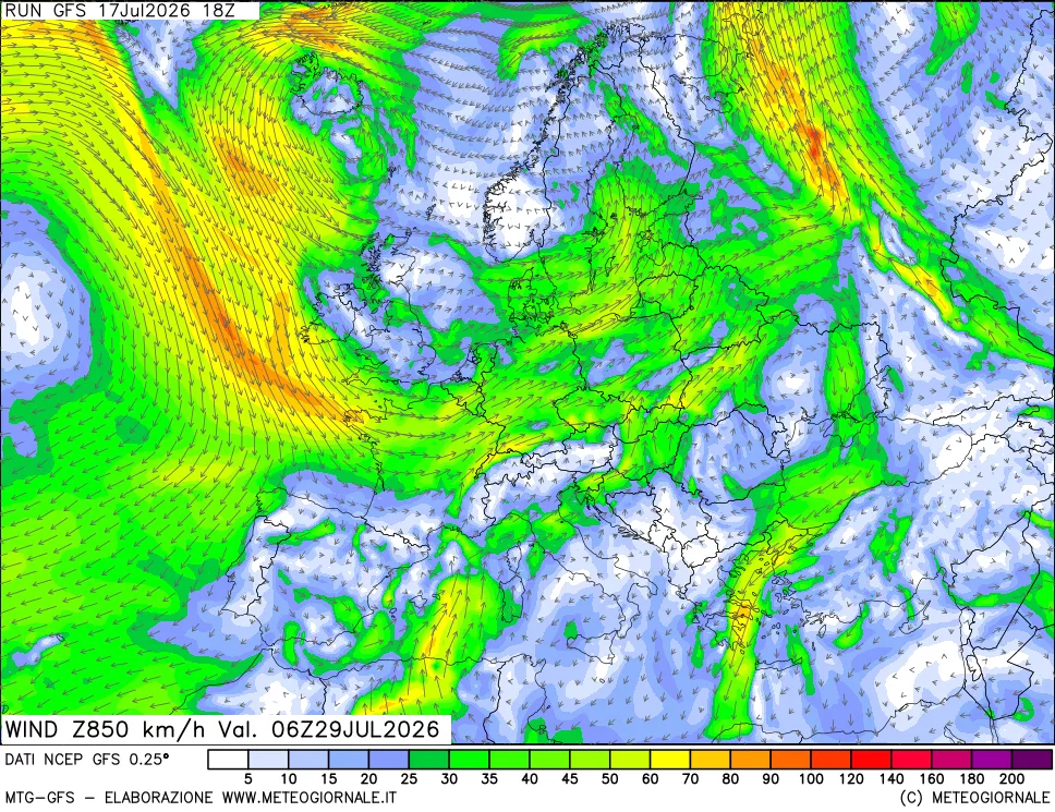 mappa 850 hPa Vento forza e direzione