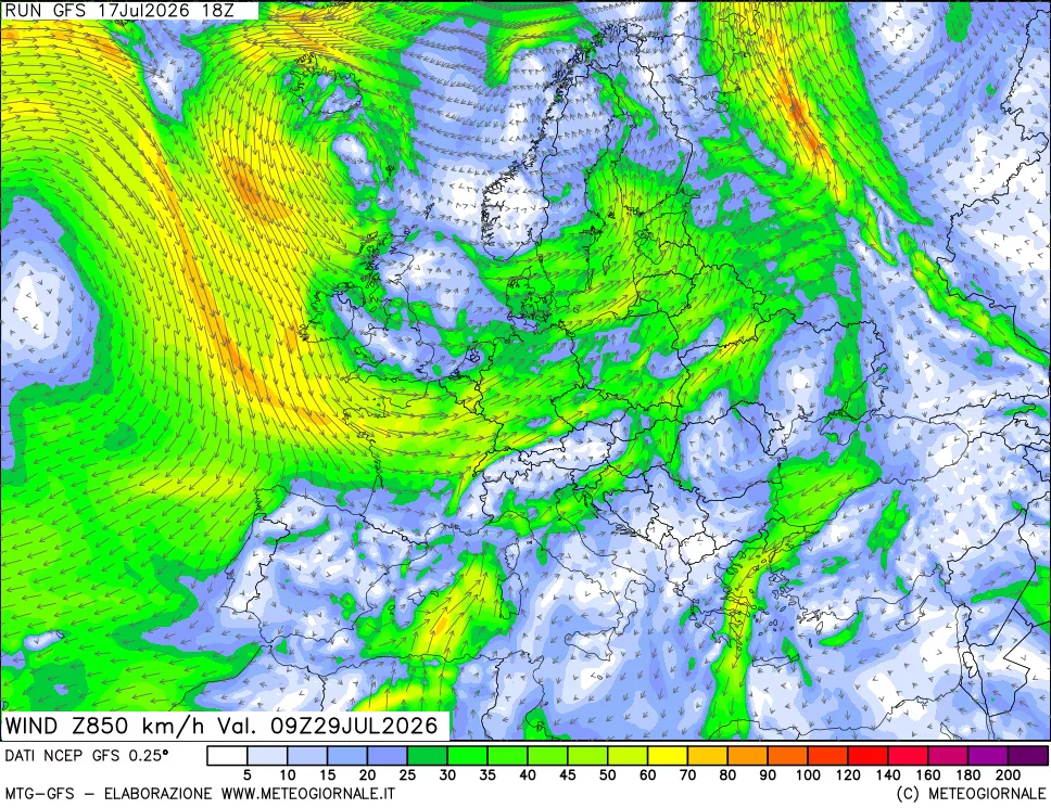 mappa 850 hPa Vento forza e direzione