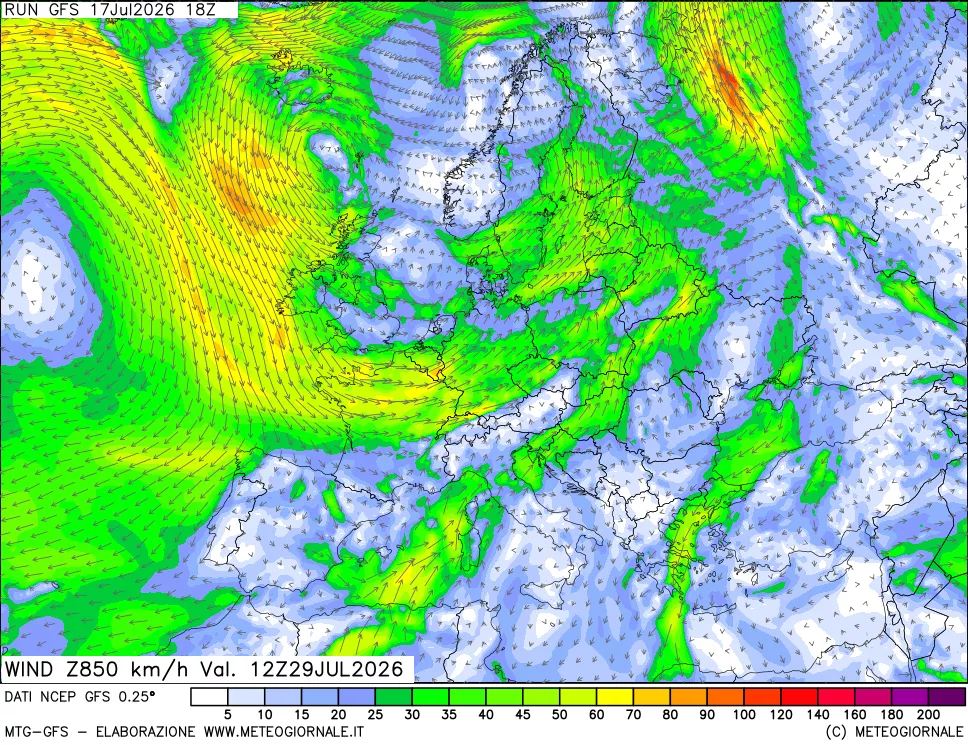 mappa 850 hPa Vento forza e direzione