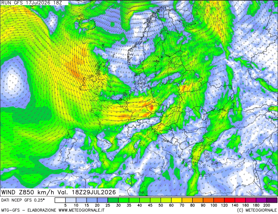 mappa 850 hPa Vento forza e direzione