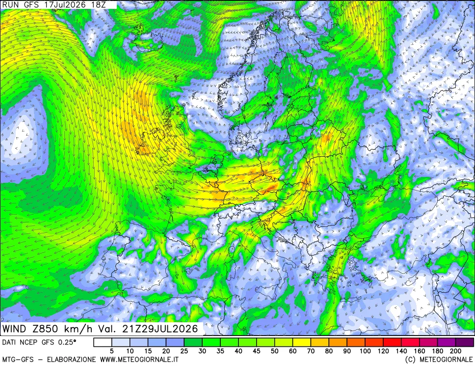 mappa 850 hPa Vento forza e direzione