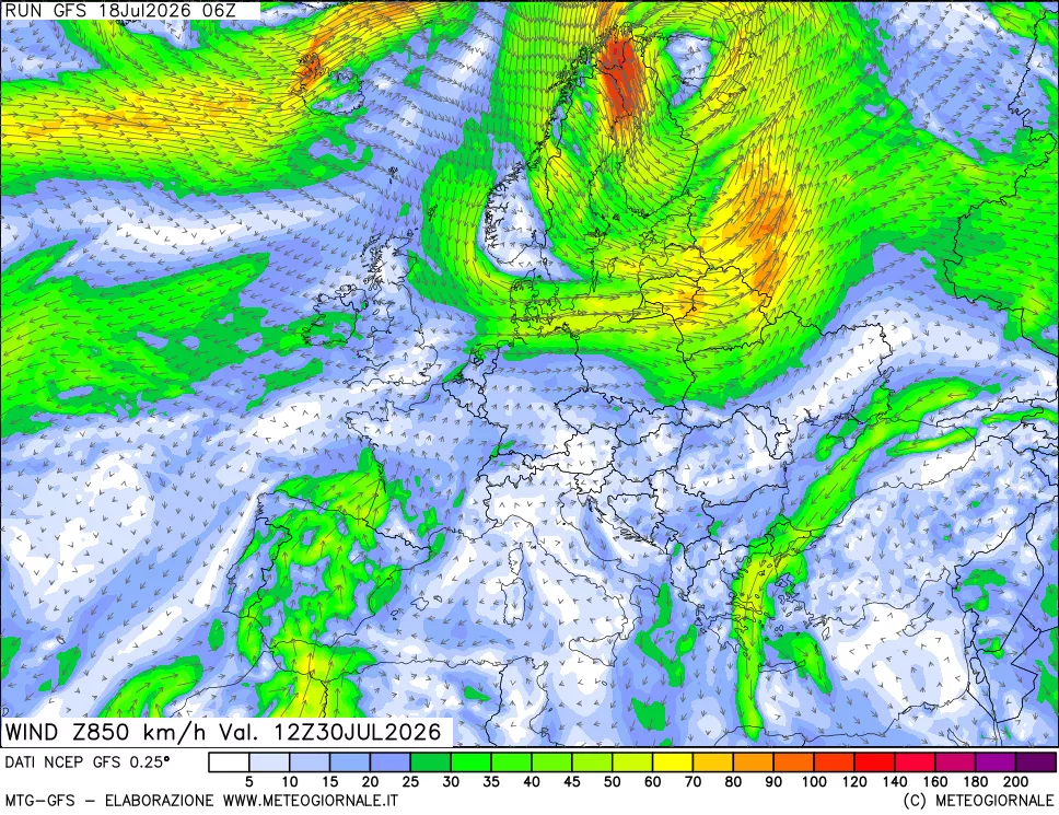 mappa 850 hPa Vento forza e direzione
