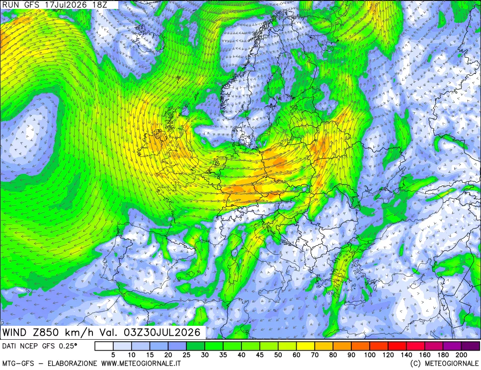 mappa 850 hPa Vento forza e direzione