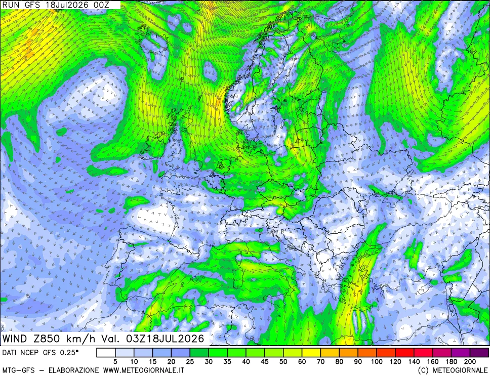 mappa 850 hPa Vento forza e direzione