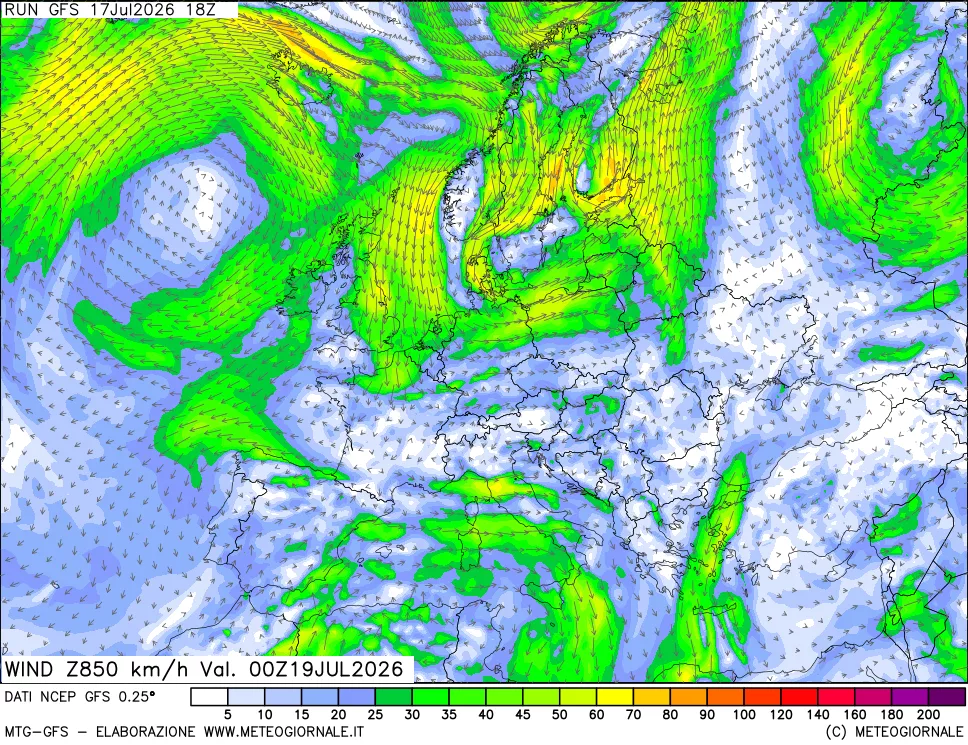 mappa 850 hPa Vento forza e direzione