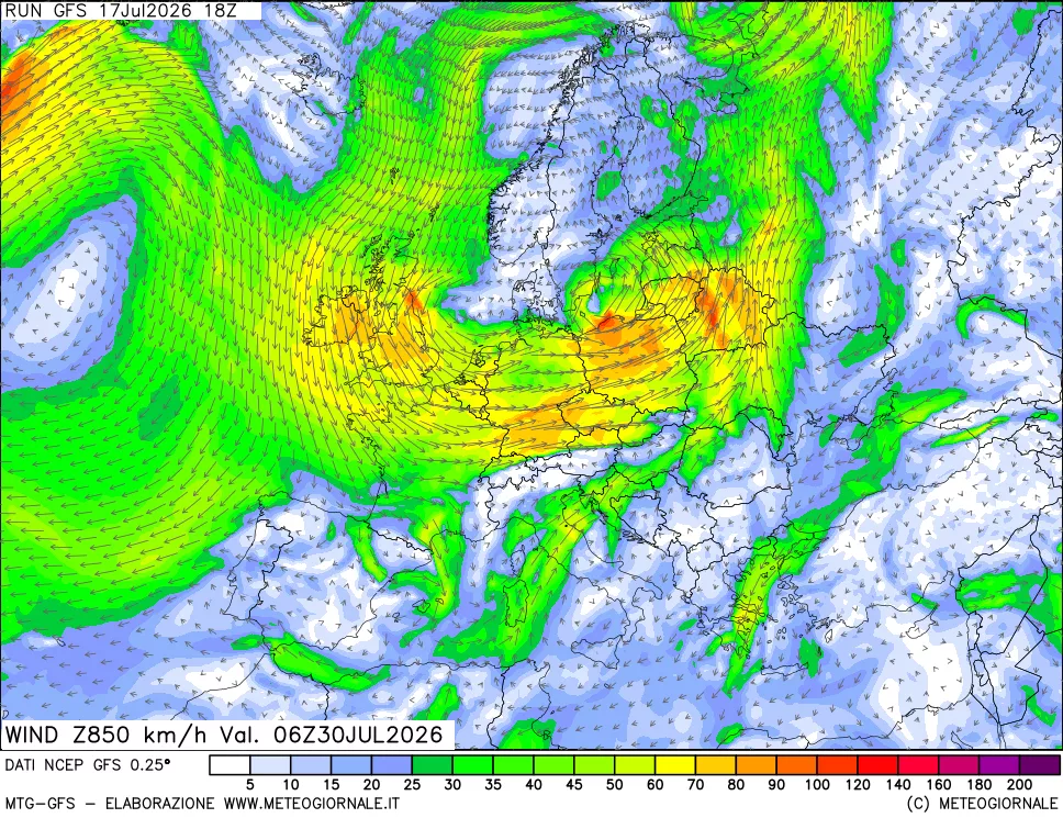 mappa 850 hPa Vento forza e direzione