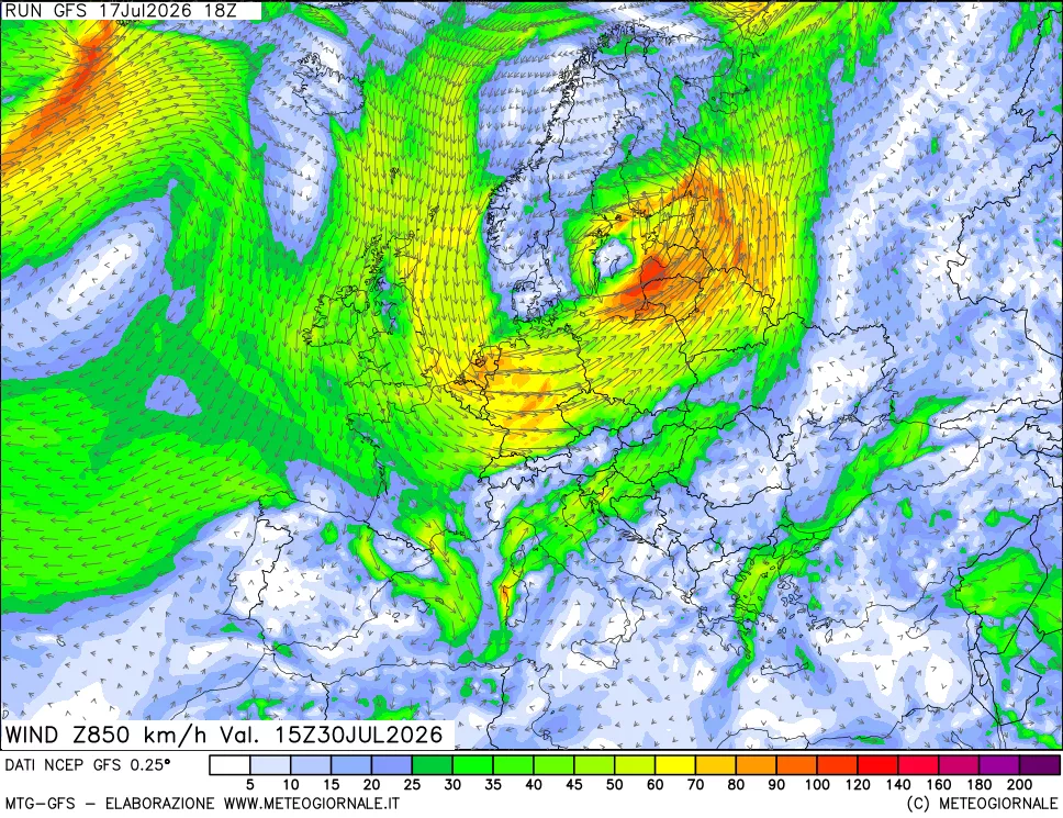 mappa 850 hPa Vento forza e direzione