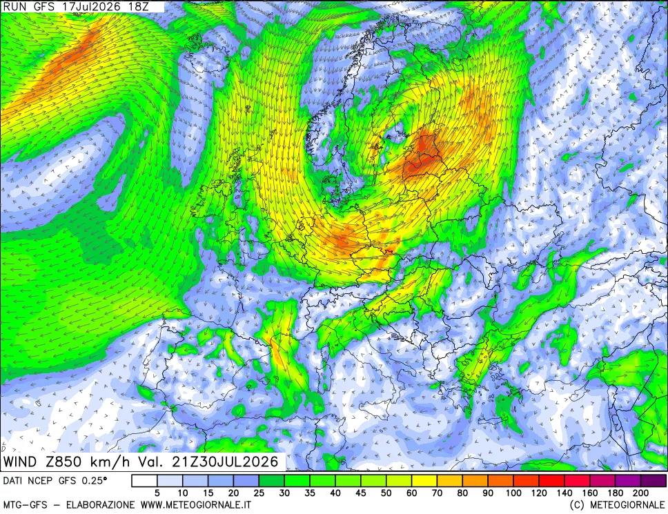 mappa 850 hPa Vento forza e direzione
