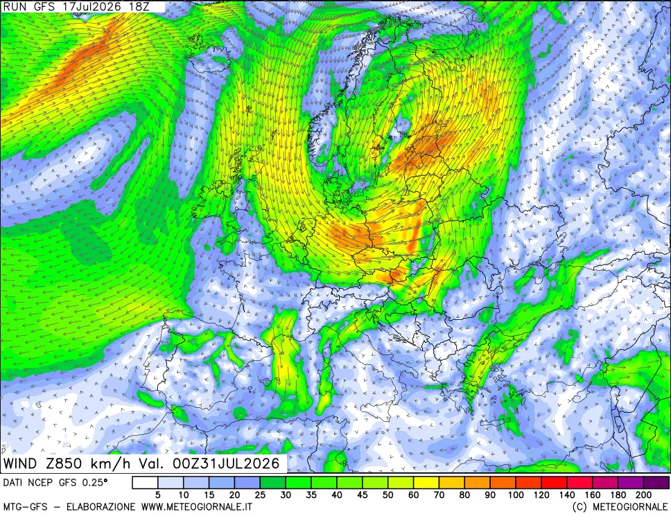mappa 850 hPa Vento forza e direzione
