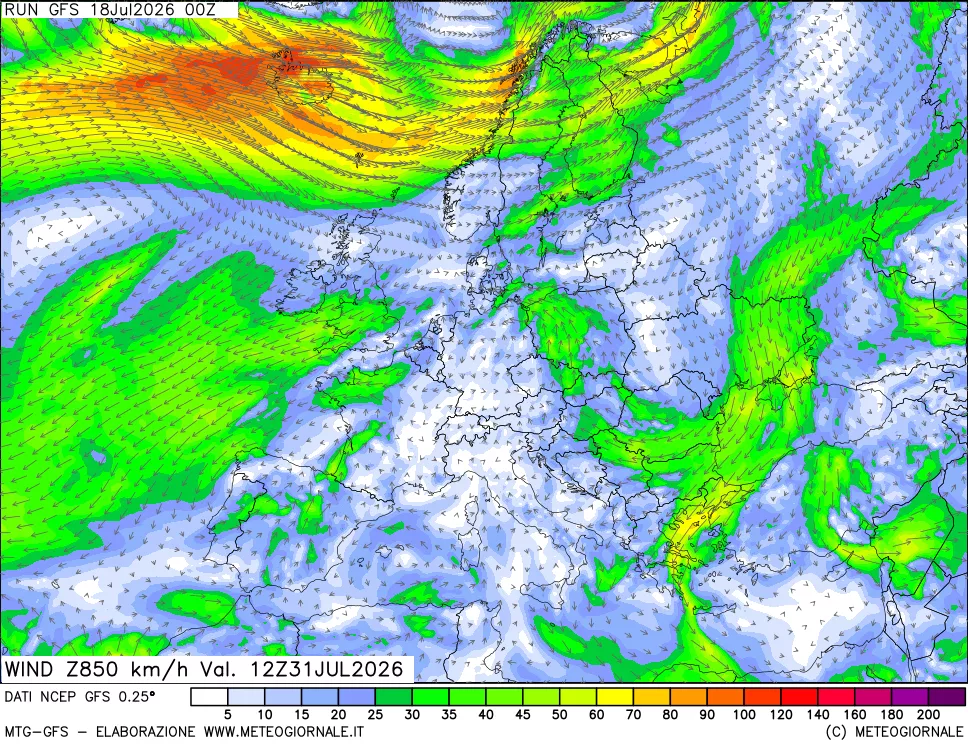 mappa 850 hPa Vento forza e direzione