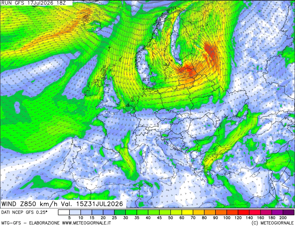 mappa 850 hPa Vento forza e direzione