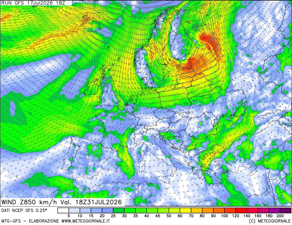 mappa 850 hPa Vento forza e direzione