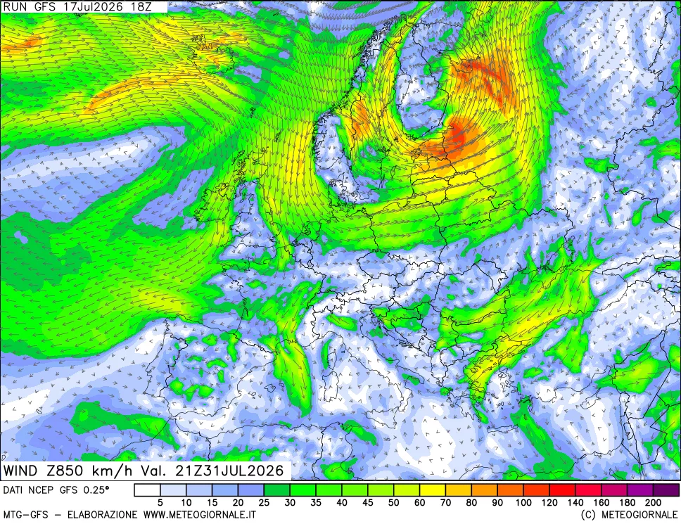 mappa 850 hPa Vento forza e direzione