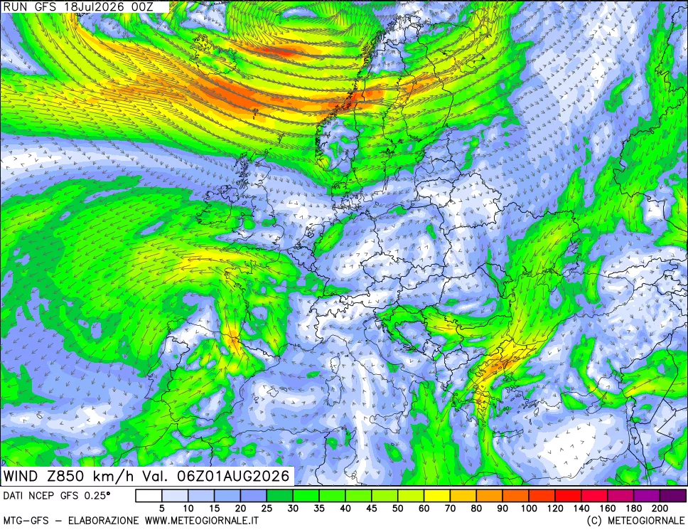 mappa 850 hPa Vento forza e direzione