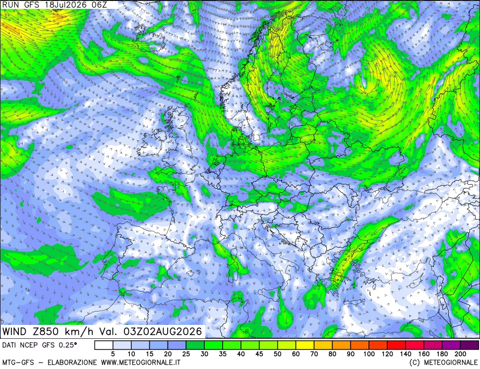 mappa 850 hPa Vento forza e direzione