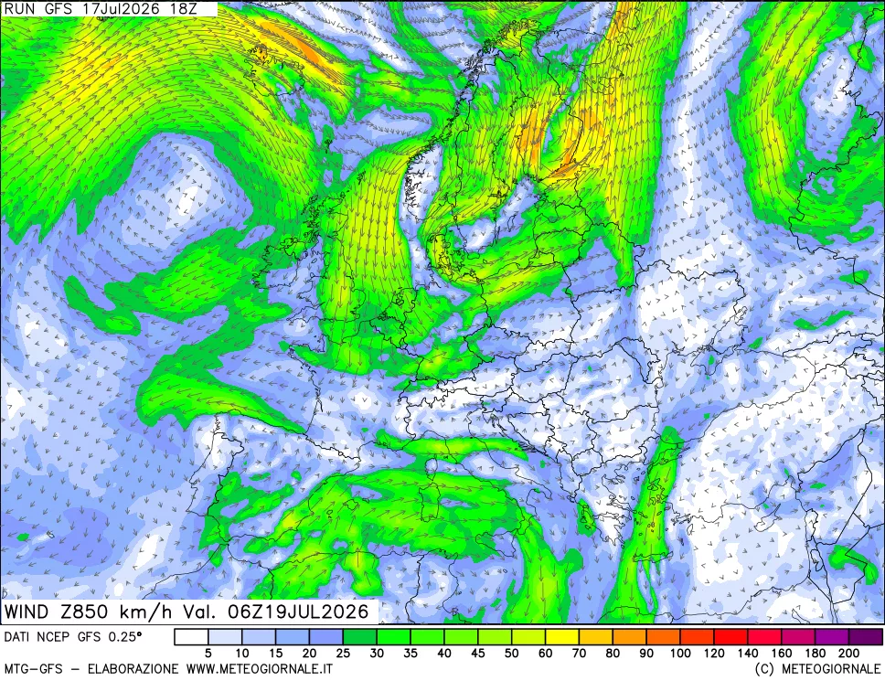 mappa 850 hPa Vento forza e direzione