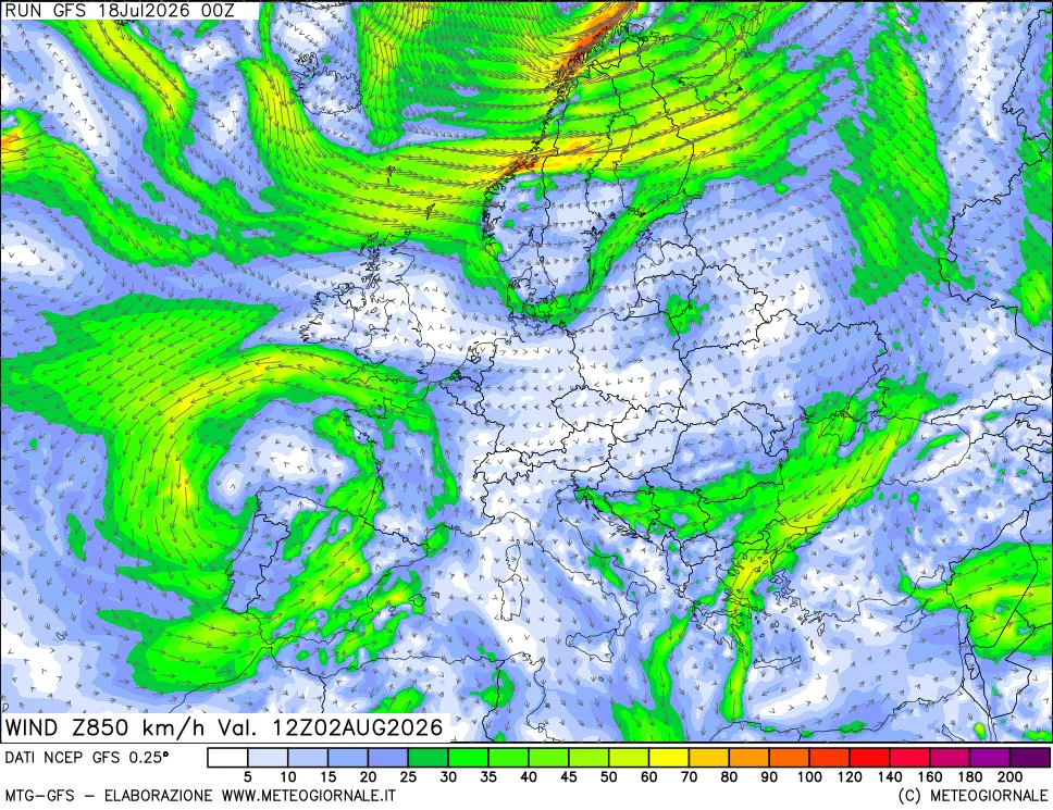 mappa 850 hPa Vento forza e direzione