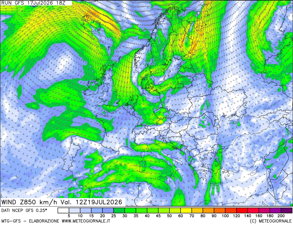 mappa 850 hPa Vento forza e direzione