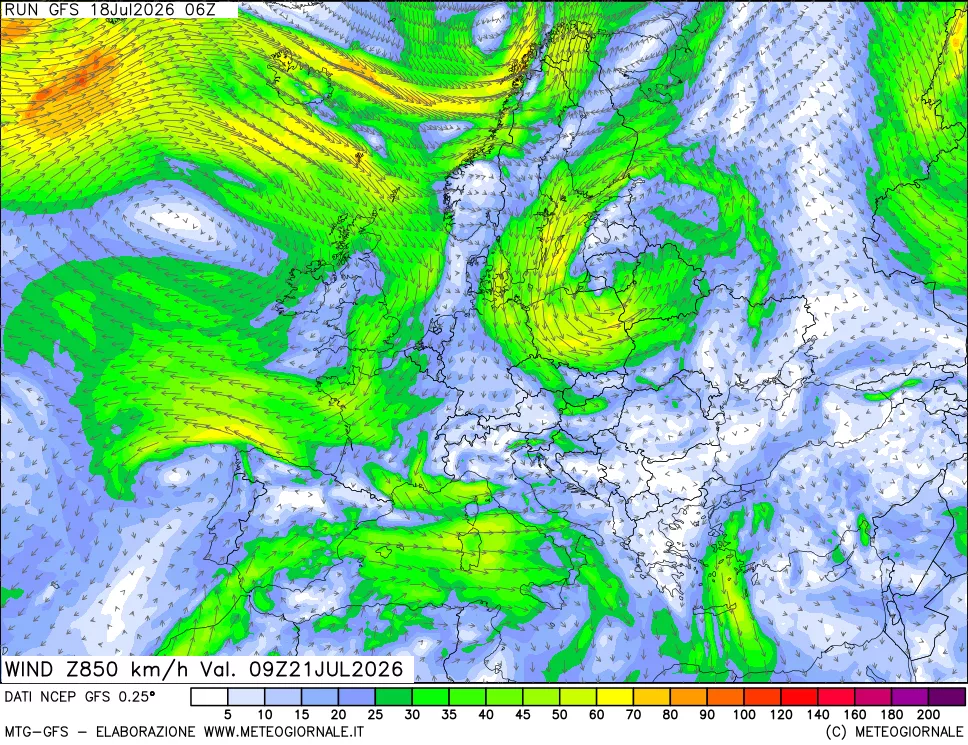 mappa 850 hPa Vento forza e direzione