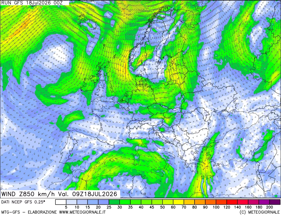 mappa 850 hPa Vento forza e direzione