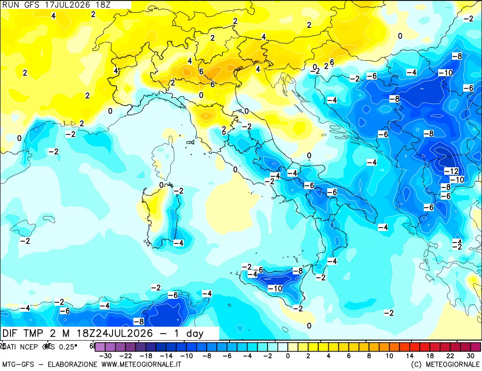 mappa Dif. Temp a 2 metri Valid - 1 day