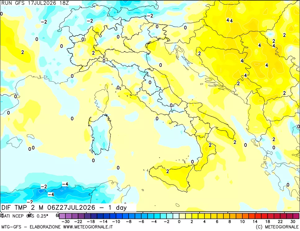 mappa Dif. Temp a 2 metri Valid - 1 day