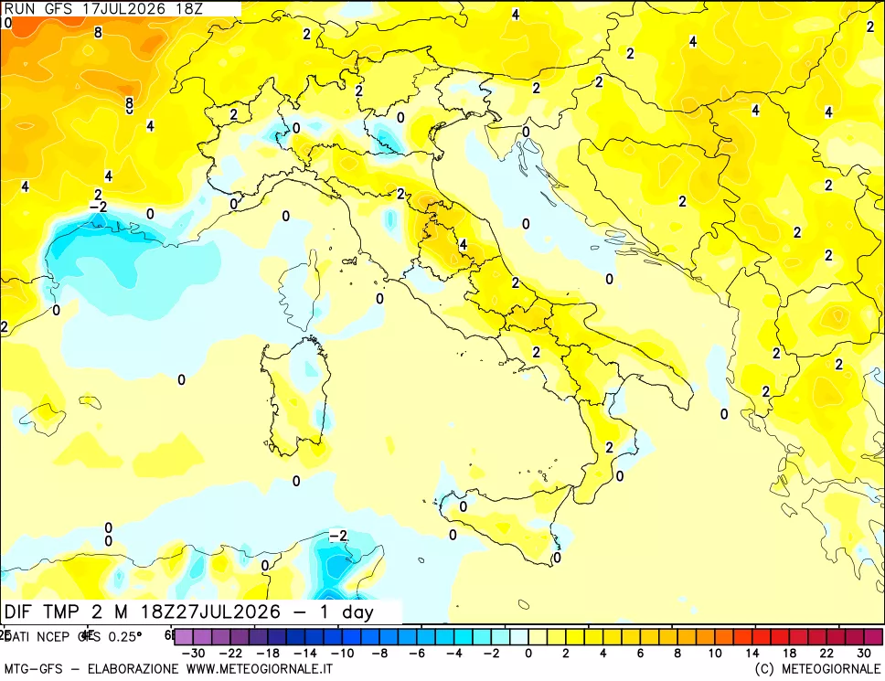 mappa Dif. Temp a 2 metri Valid - 1 day