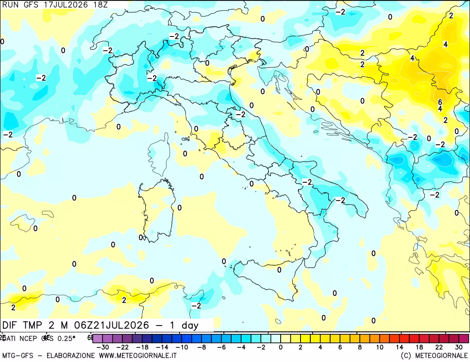 mappa Dif. Temp a 2 metri Valid - 1 day