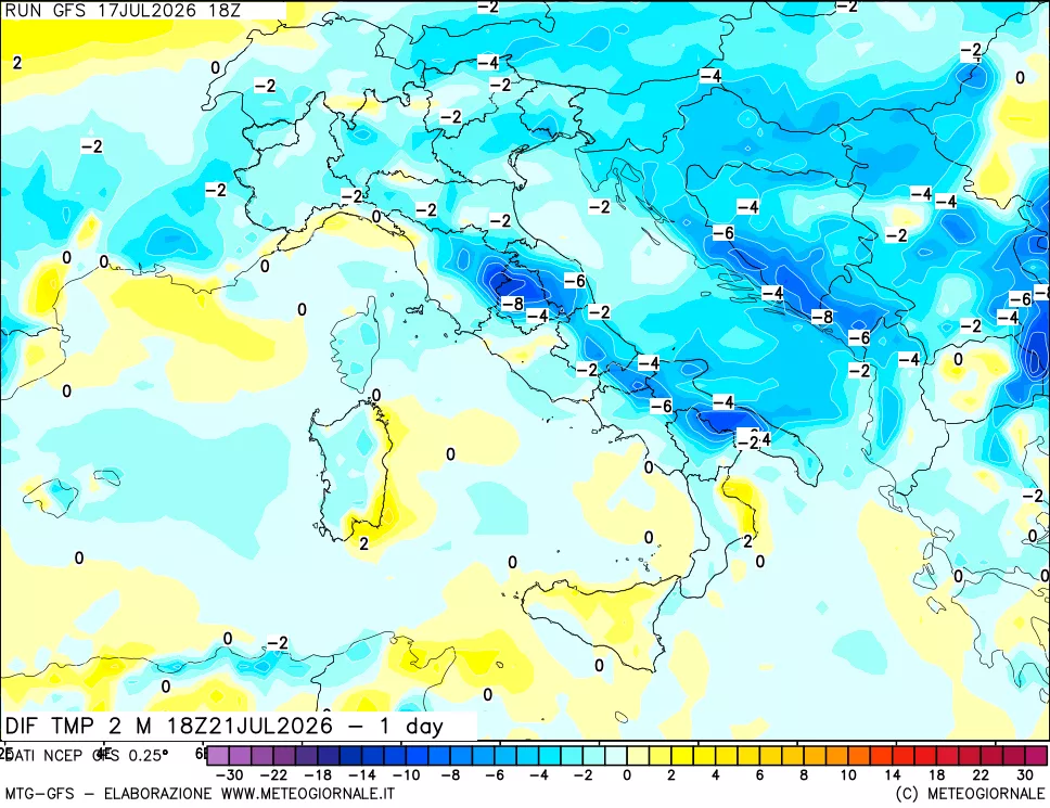 mappa Dif. Temp a 2 metri Valid - 1 day